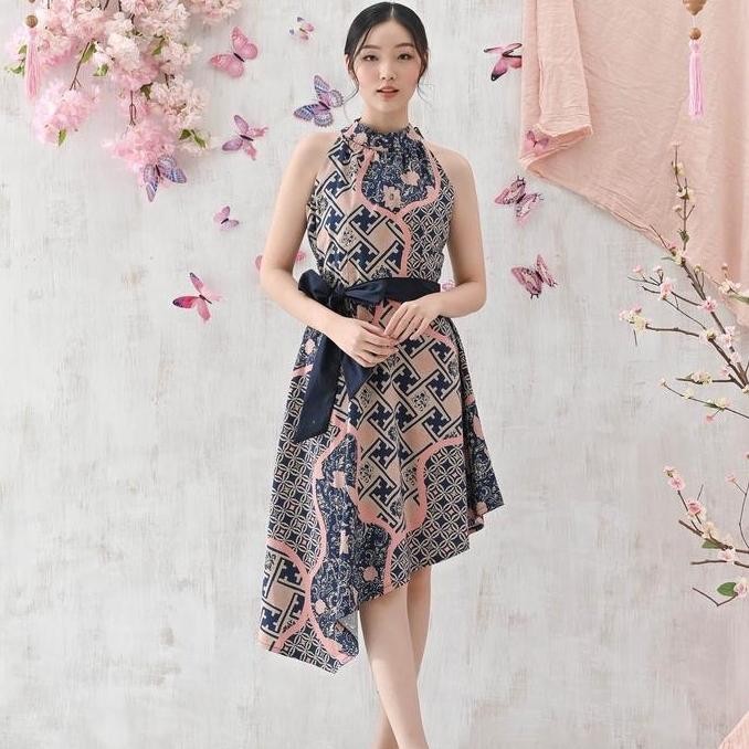 DRESS BATIK WANITA MODERN / DRES PESTA KONDANGAN COUPLE PINK NAVY