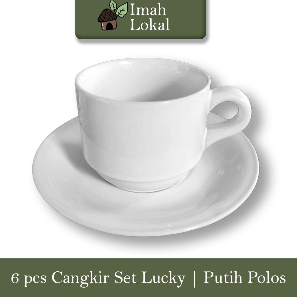 6 Set Cangkir Keramik Lucky Gelas Minum Kopi Teh Warna + Pisin / Tatakan - Putih Polos Nugi