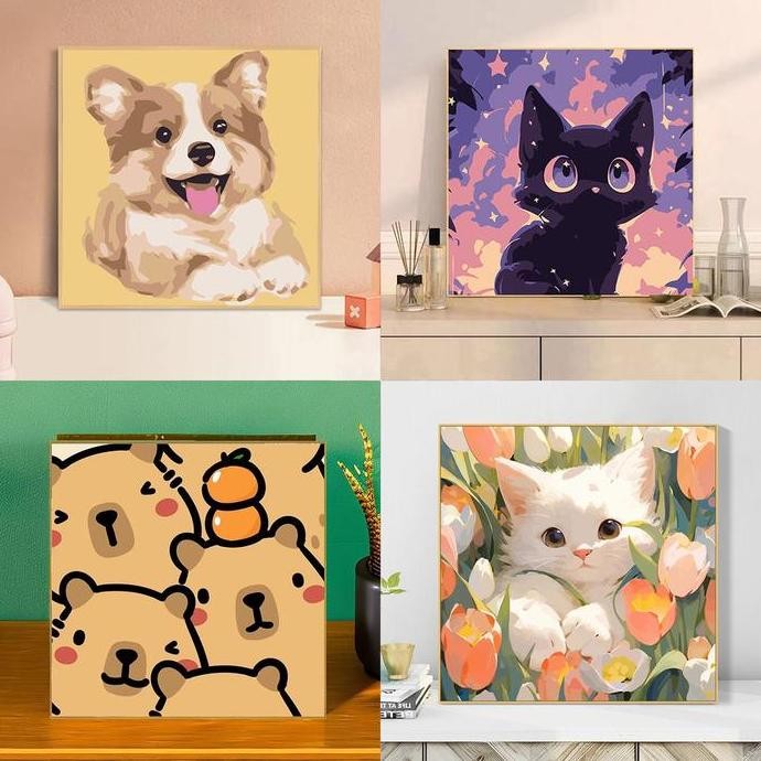 

20X20 Canvas Paint By Number Kit Digital Oil Painting Diy Lukisan Seri F Animal Anjing Kucing