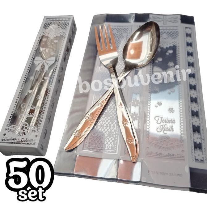 Souvenir Pernikahan 50 set Sendok dan Garpu Stainless + Kotak Mika lembaran