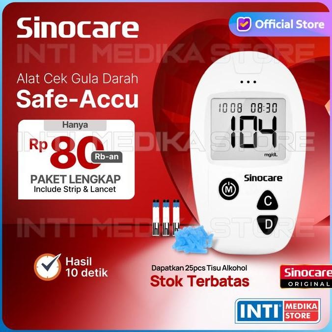 Tersedia SINOCARE Alat Cek Gula Darah Safe Accu Set Lengkap Alat Test Diabetes Akurat