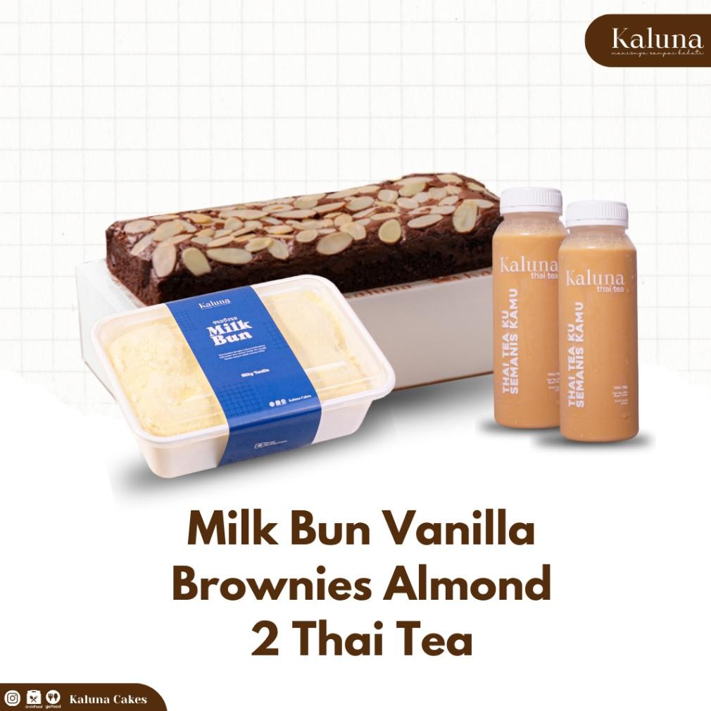 

NO_MORE Kaluna Cakes Paket Bundle of Joy Fudgy Brownies Almond, Milk Bun Milky Vanilla, dan 2 pcs Thai Tea