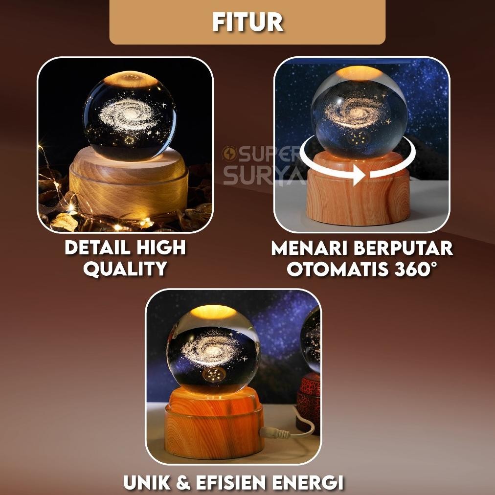 Lampu Hias Kamar Tidur 3D Berputar 360 Bola Kristal LED Hadiah Unik Hiasan Meja Mini
