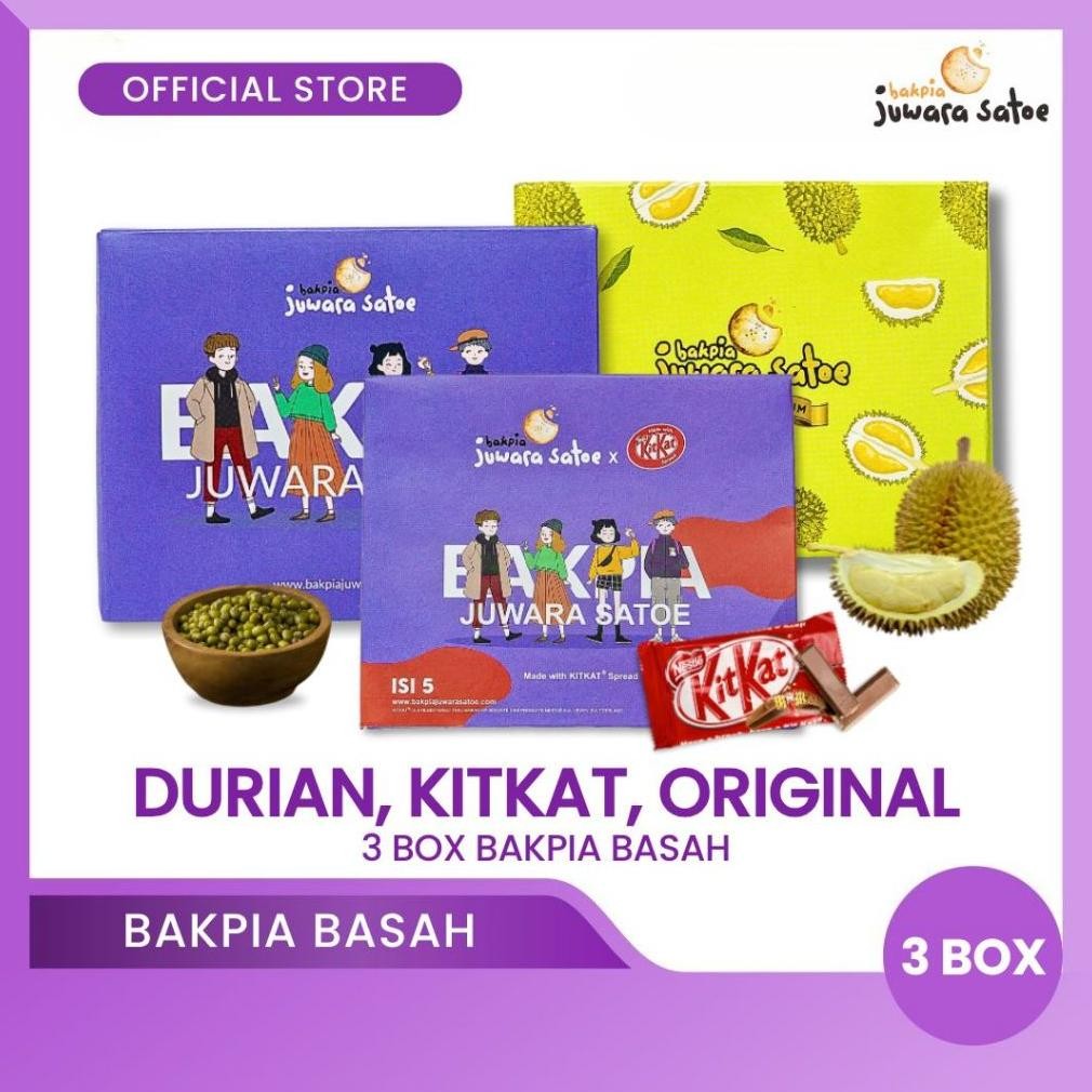 

NO_MORE BAKPIA JUWARA SATOE [ 3 Box ] Paket Bakpia Basah Mix (Durian, Kitkat, Original) - Oleh Oleh Khas Jogja