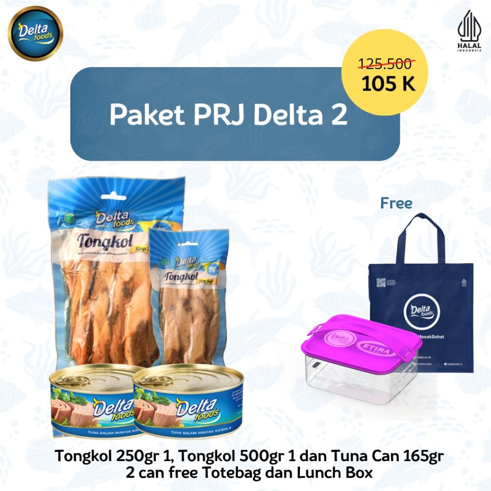 

NO_MORE Paket PRJ Delta 2 - Tongkol Kemasan 250gr 1 Pack 500gr 1 Pack dan 165gr 2 Can free Totebag Lunch Box