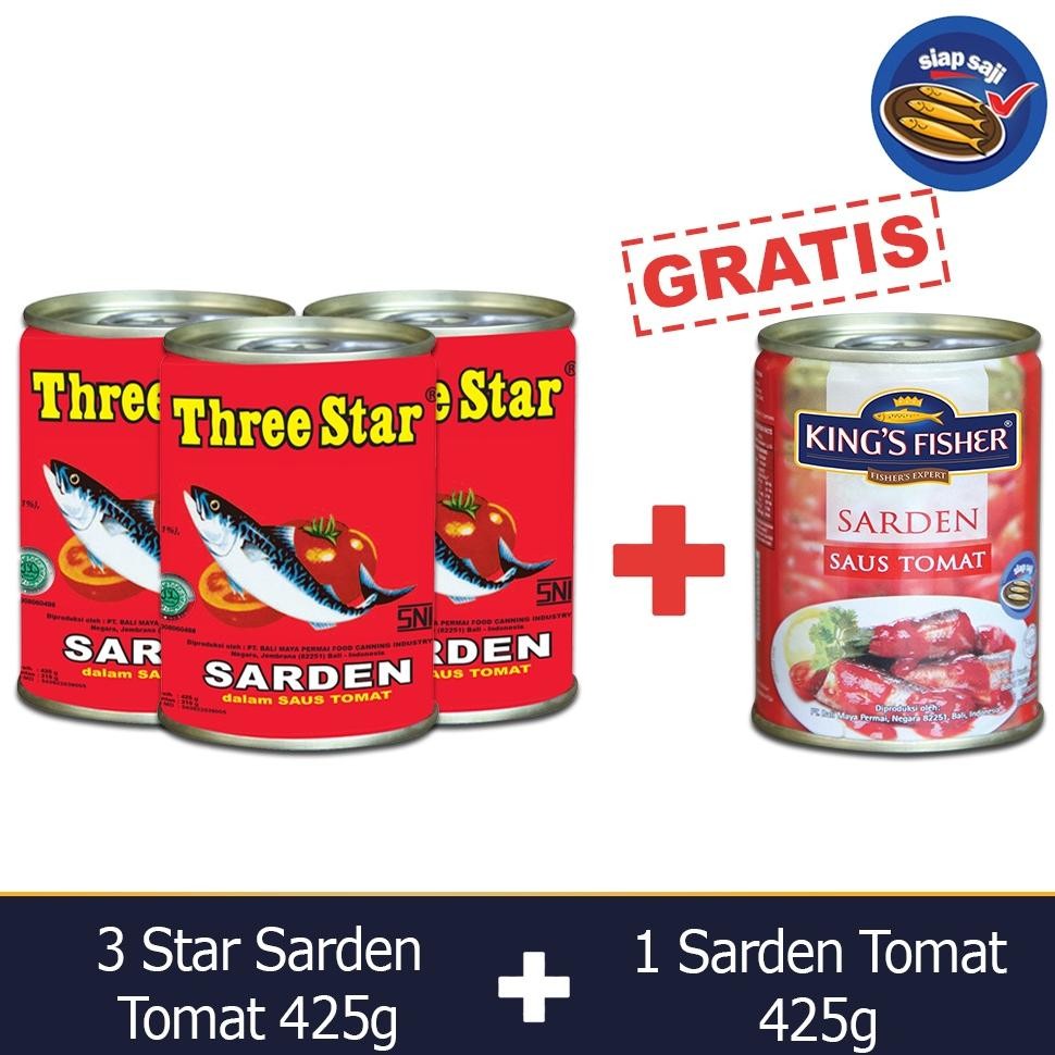 

NO_MORE King's Fisher Three Star Paket 4 pcs Sarden saus Tomat 425g Makanan Kaleng