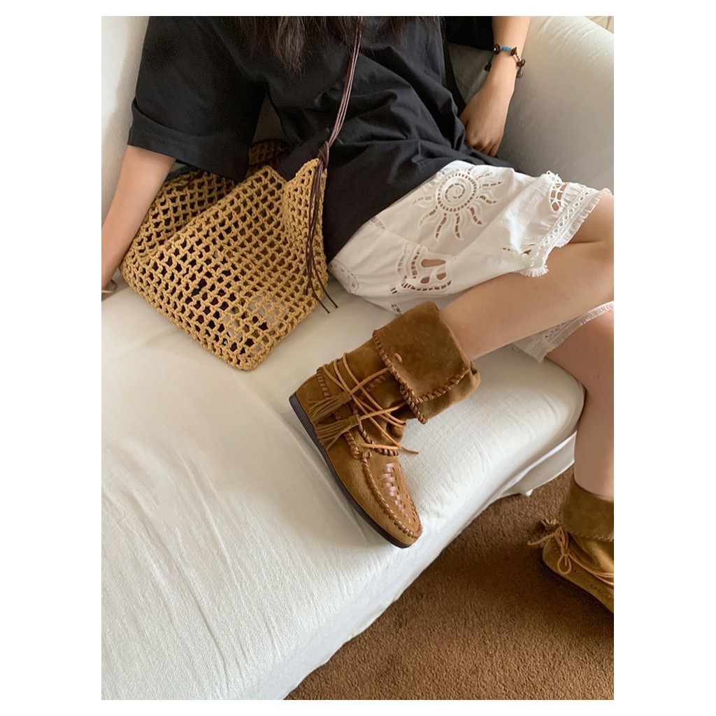 Women's Boots Summer Tassel Ethnic Style Cow Suede Brown Long Boots Flat