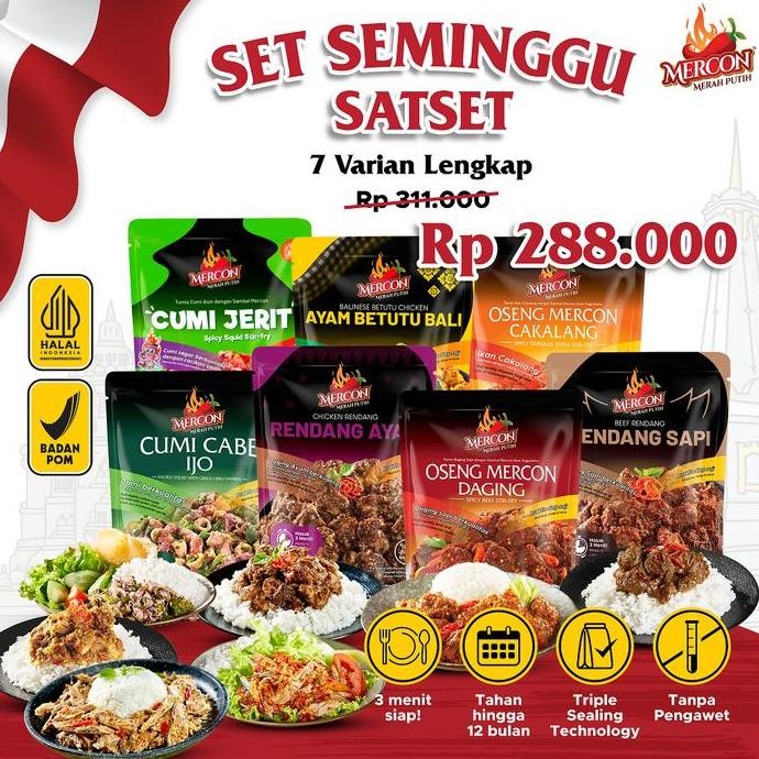 

[ BELI 4 GRATIS 3 ] MERCON MERAH PUTIH - SET SEMINGGU SATSET 7 PACK ALL BEST SELLER LAUK SIAP SAJI | Ayam Betutu, Daging Pedas Sapi, Cakalang Cumi Rendang ZS