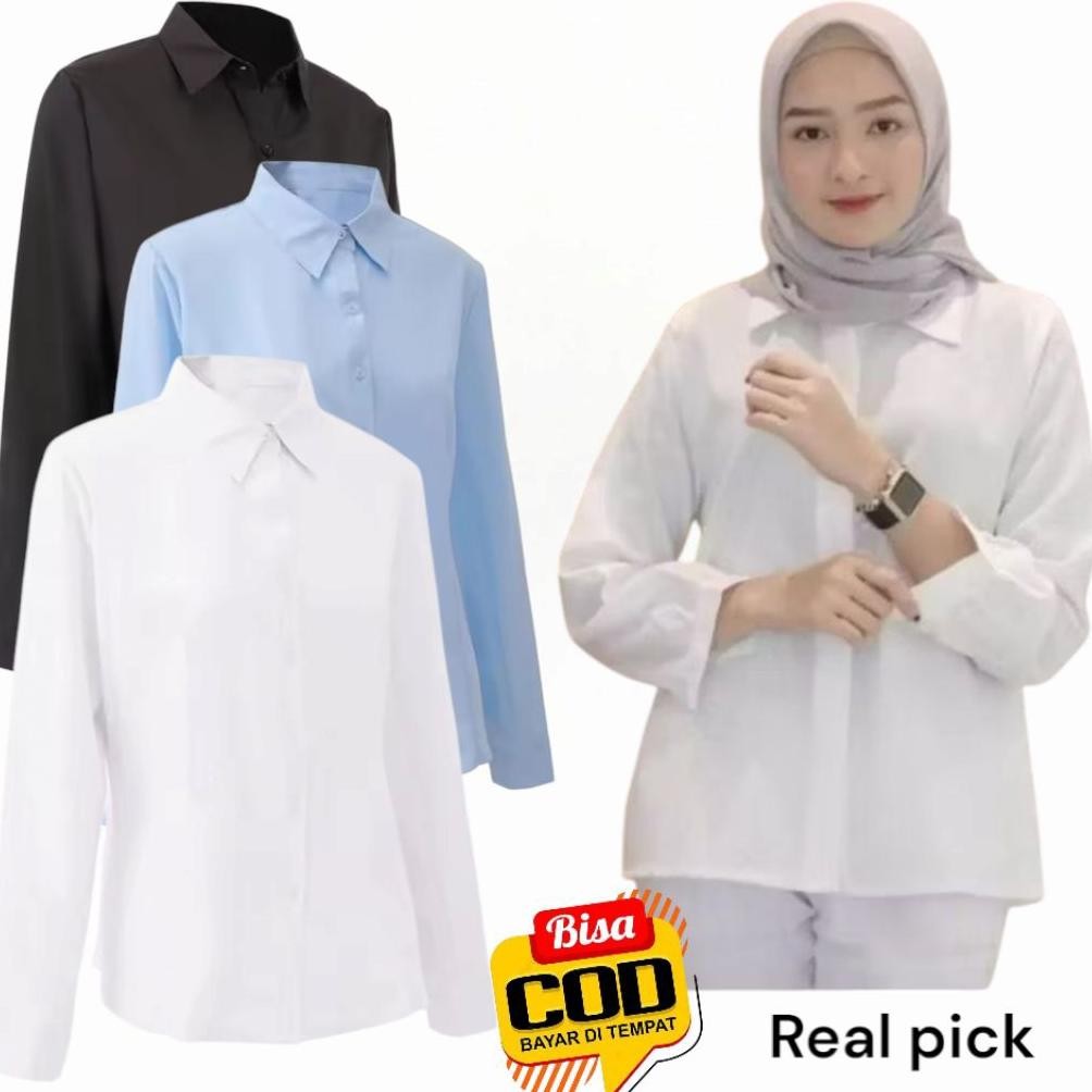 Kemeja Wanita Putih Lengan Panjang -  Baju Kemeja putih wanita Hem Kantor  Formal Baju Ospek Big Siz