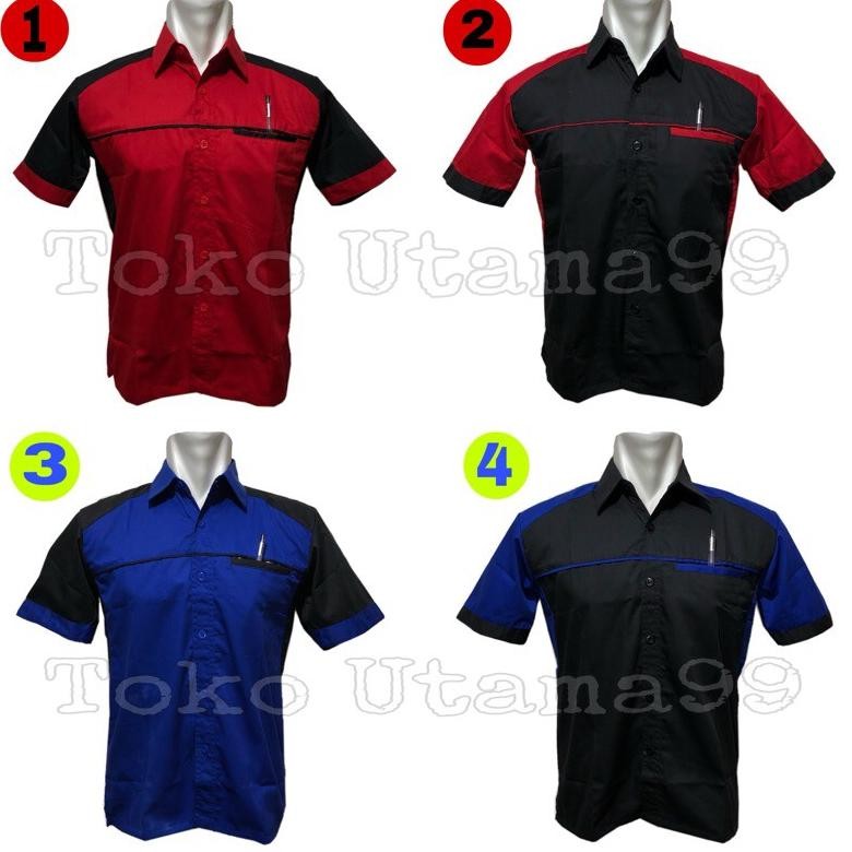 Seragam kerja drill biru putih - baju kerja drill biru putih - seragam kantor - cleaning service