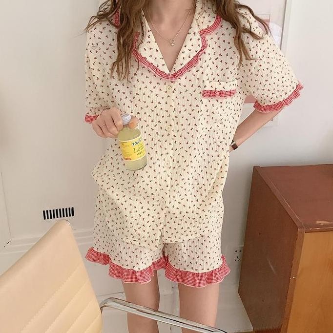 Nari Sleepwear Merah Baju Tidur Wanita Dewasa Lengan Pendek Celana Pendek Motif Bunga Renda Piyama I