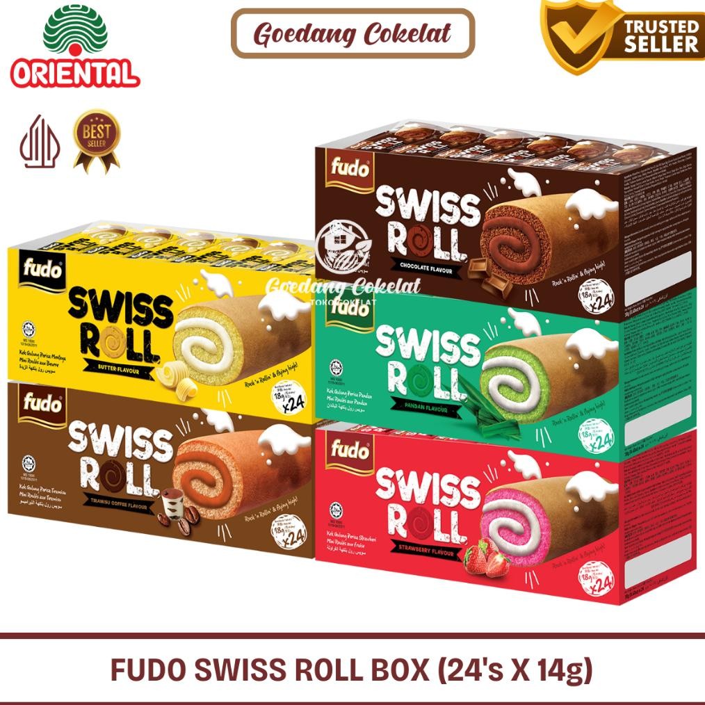 

Fudo Swiss Roll Layer Cake With Cream Flavour Pandan Coklat Chocolate Strawberry Butter 1 Box isi 24pcs 432g aSt