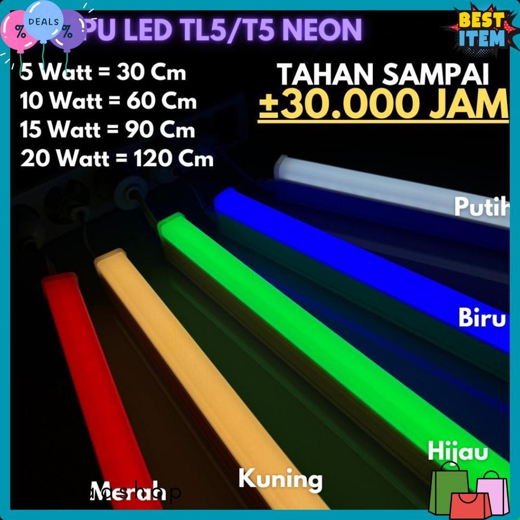 Lampu Tl5 Neon T5 Led 5/10/15/20 Watt Tube Warna Warni 30 Cm / 60 Cm / 90 Cm / 120 Cm Diskon