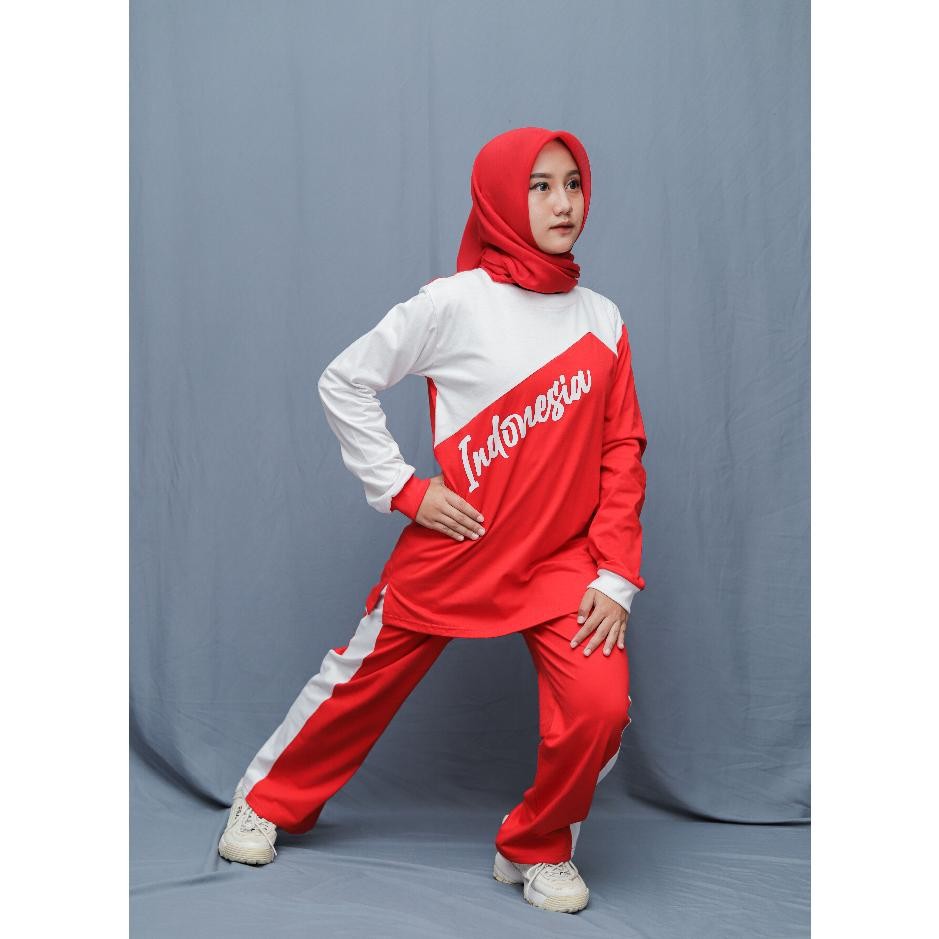 g-24 rd-67 Setelan Baju Olahraga Senam Wanita ONE SET SPORT MERAH PUTIH Berkualitas Hemat