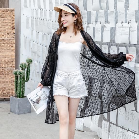 SZ PAKAIAN LONG OUTER CARDIGAN PUTIH BROKAT LENGAN PANJANG