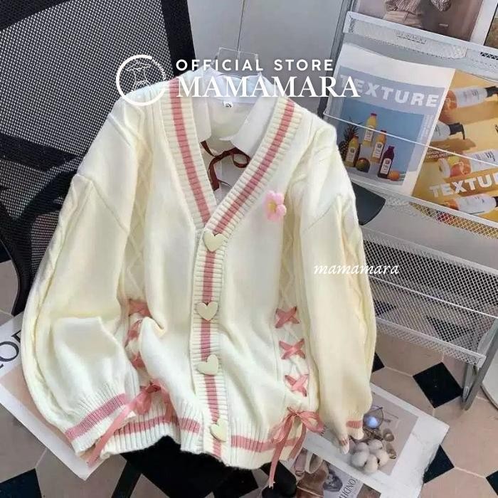 Sz Mamamara - Cardigan Rajut Wol Oversize Love Button Korean Style Lembut Outer Bunga Panjang Kardig