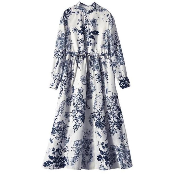 SUSANA MALL LONG DRESS RETRO BIRU ABSTRAK BATIK/DRESS MIDI  VINTAGE GAMIS WANITA CASUAL LENGAN PANJA