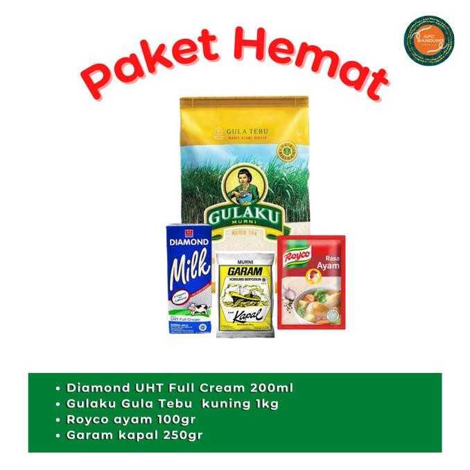 

Baru Paket A: Gulaku 1kg + Susu Diamond 200ml + Royco Ayam 100g + Garam Kapal 250g