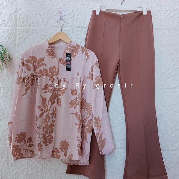 Ysn Setelan Wanita Blus Crincle Motif Bunga Celana Scuba Panjang