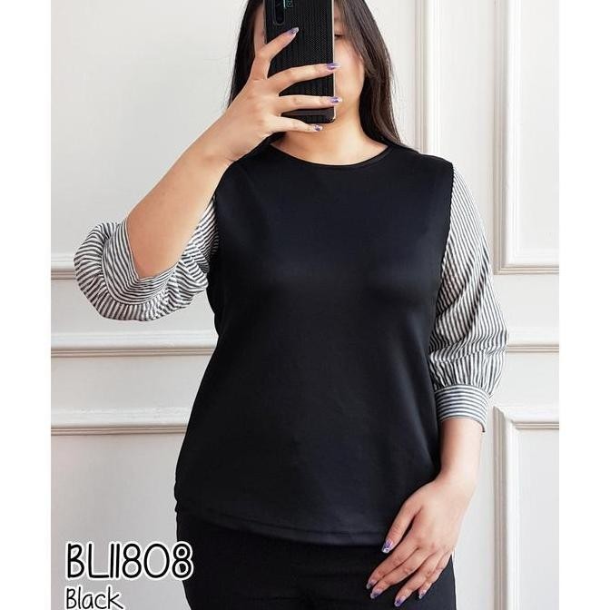 (Allthebest) MISSOL Blus Scuba BL11808 Kombinasi Salur Atasan Wanita Casual Polos