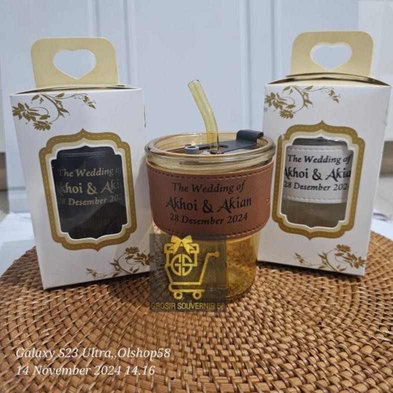 

( isi 50pcs ) GELAS SEDOTAN KACA AESTETIC KEMASAN BOK + CETAK SABLON NAMA aSt