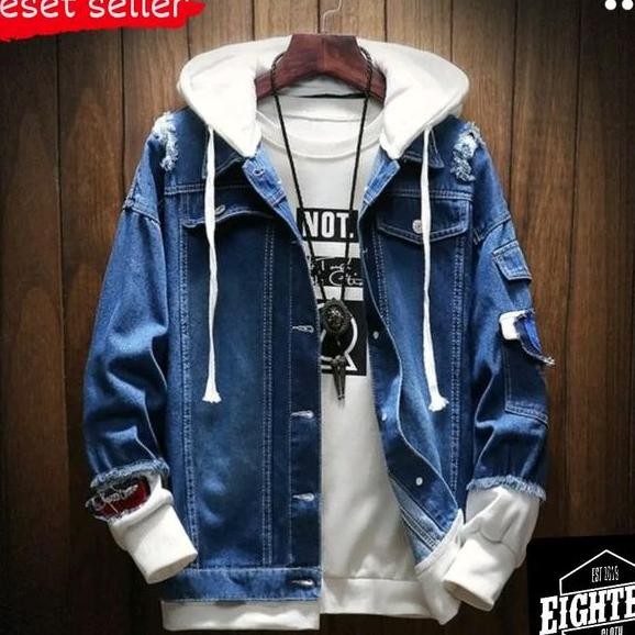 Jaket Jeans Pria Kupluk Hiphop Denim Distro Cowok Keren Panjang Lengan Casual U