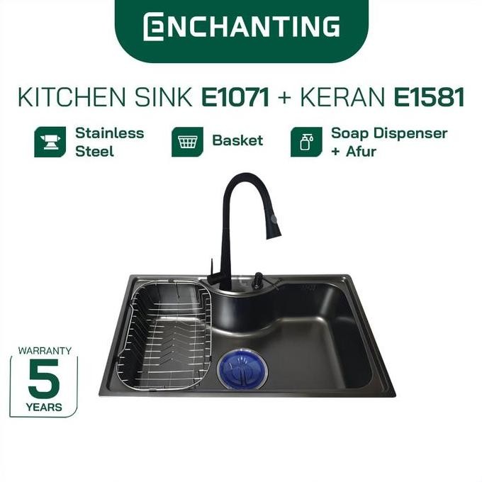 ENCHANTING Kitchen Sink Stainless Steel SS 304 1 Bowl Black 79x49 | Bak Wastafel Cuci Piring Dapur T