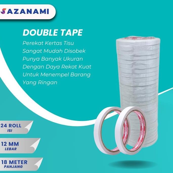 

DOUBLE TAPE 12MM X 18 METER DOUBLETAPE KERTAS PUTIH SAZANAMI ISI 24ROLL ORIGINAL DAN TERPERCAYA