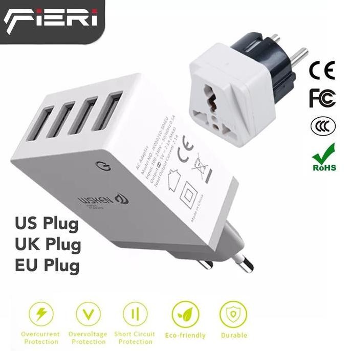 Fieri Wsken Charger 1 / 4 USB A Ports Adapter Fast Charging US UK EU Plug Bersertifikat CE FC CCC Ro