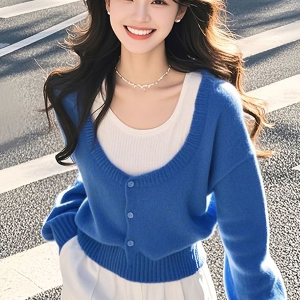 Atasan Sweater Rajut Dua Potong Biru Stylish Wanita Muda Blus Cantik