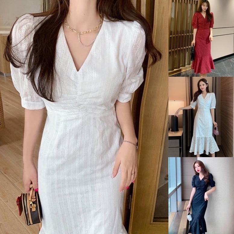 [ADA SIZE JUMBO] D1330 MERMAID KOREAN STYLE VINTAGE MIDI DRESS NATAL DINNER SIMPLE DUYUNG
