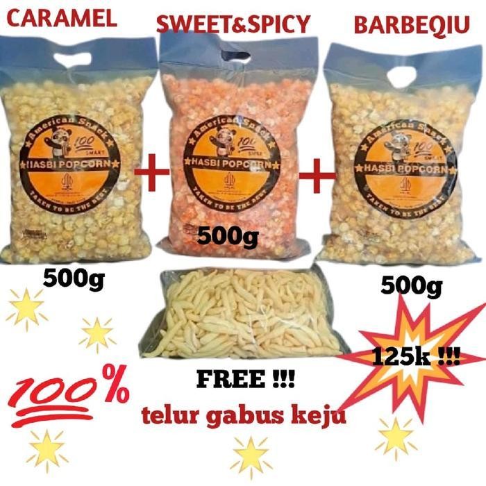 

FF [PAKET HEMAT] ALL varian popcorn hasbi snack bonus telur gabus keju Jajanan halal hampers hari raya Camilan Jagung Caramel Karamel Cemilan Crispy Manis