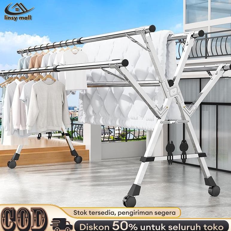 Jemuran Baju Lipat 5 Tiang Dengan Roda Jemuran Baju Lipat Stainless Steel Jemuran Pakaian