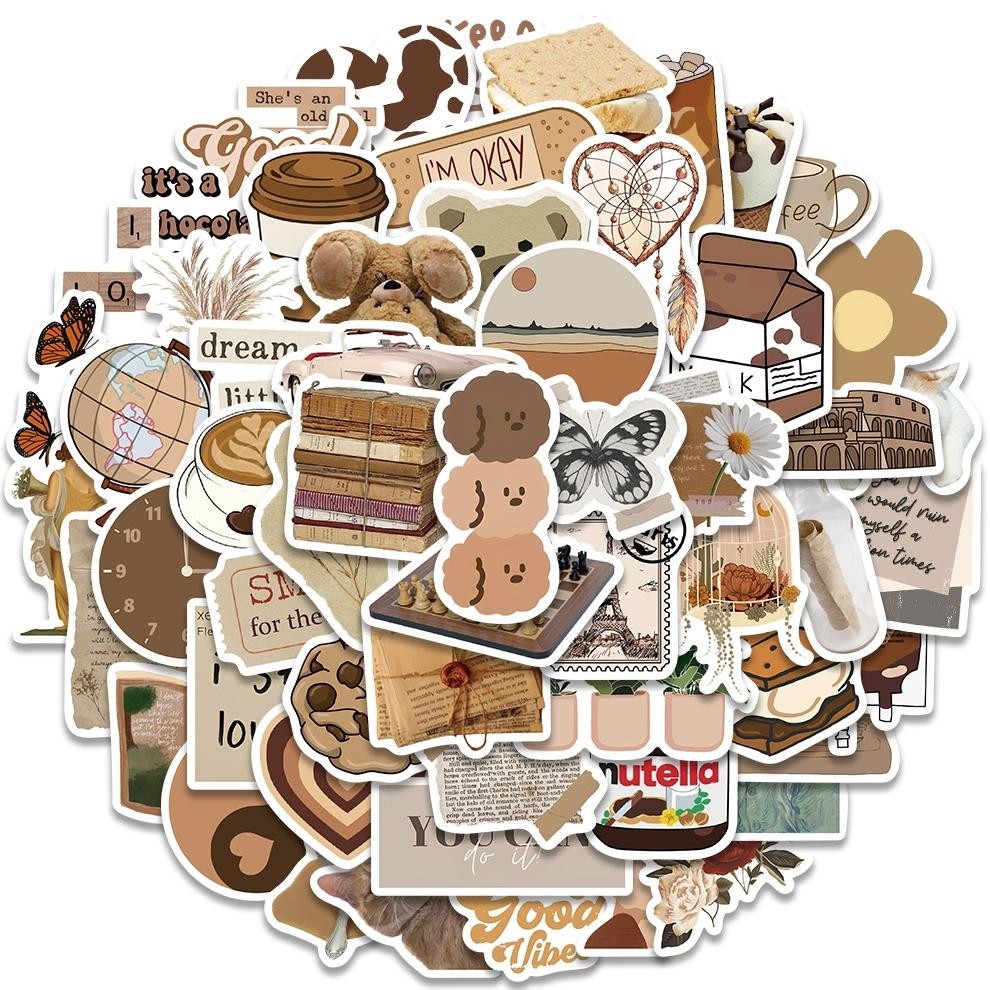 

NG [60PCS]Stiker Seri Retro Sastra Coklat Decal Vinyl anti air- Decal Anti Air-Sticker Aesthetic Buku Gitar Casing HP Laptop Helm Skateboard Viral Kekinian Terbaru 2025 IC-63