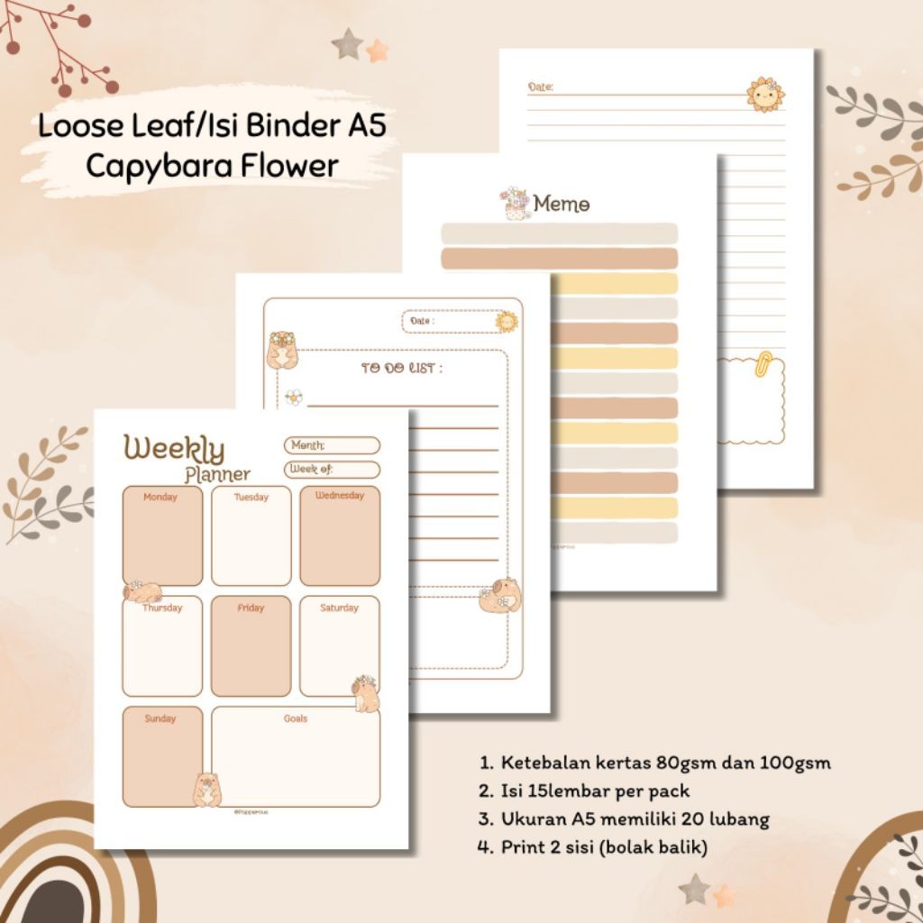 

Isi Binder/Loose Leaf/Kertas Binder A5 - Capybara Flower