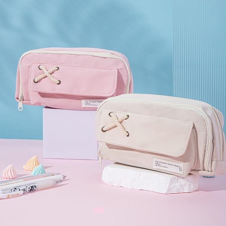 

HC Tempat Pensil Model Pita Silang Kotak Pensil Tali Rami Ritsleting Ganda Bahan Kanvas Pouch Tempat Alat Tulis Perlengkapan Sekolah Kantor Dua Sisi Resleting