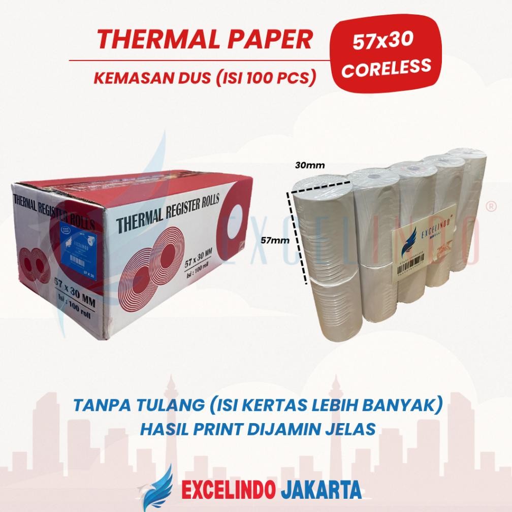 

DB257 }} (1 DUS/ ISI 100 BIJI) Kertas Kasir Thermal Paper 57x30 58x30 EDC Merk Excelindo HASIL PRINT PASTI JELAS