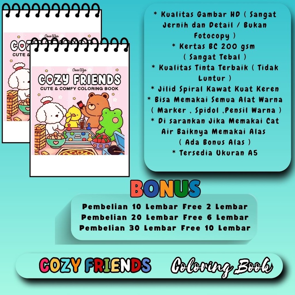

Buku Mewarnai Tema Cozy Friends Cute And Comfy Coloring Book Untuk Semua Usia Gambar Sketsa Jelas Jernih Sudah HD Bagus Kertas 200 gsm Jilid Spiral Kawat Kuat