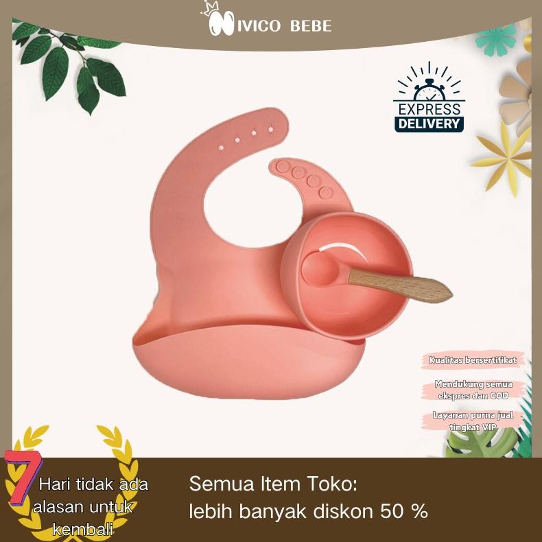 NIVICO BEBE Set Peralatan Makan Bayi Berbahan Silikon 3 Bagian (Mangkuk Hisap, Sendok Dan Bib) Peral