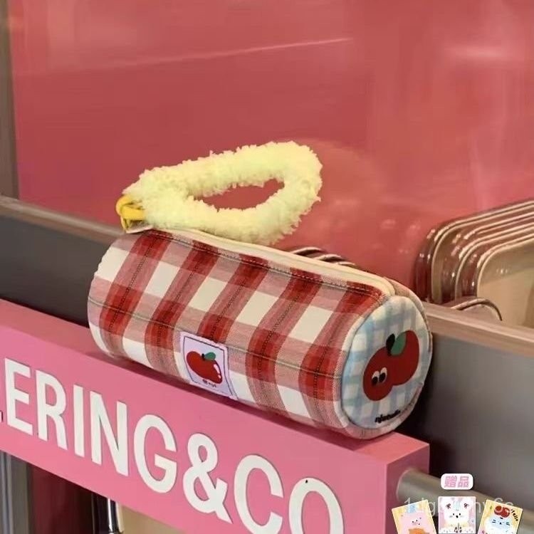 

Red and White Plaid Apple Pattern Canvas Pencil Case Student Cute Stationery Storage Bag Cartoon Bag ins Wind GLHI