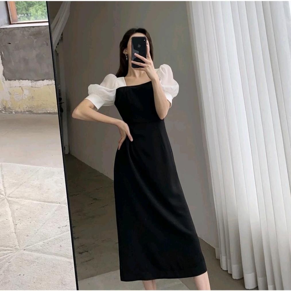 Dress Wanita Kekinian Hitam-Putih Dress Korean Kekinian Dress Midi Formal Viral Kekinian Terbaru 202
