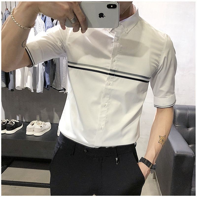Kemeja Pria Gaya Korea Trendy Lengan Lima Perempat Kemeja Slim Fit Tampan Kemeja Tipis Lengan Seteng