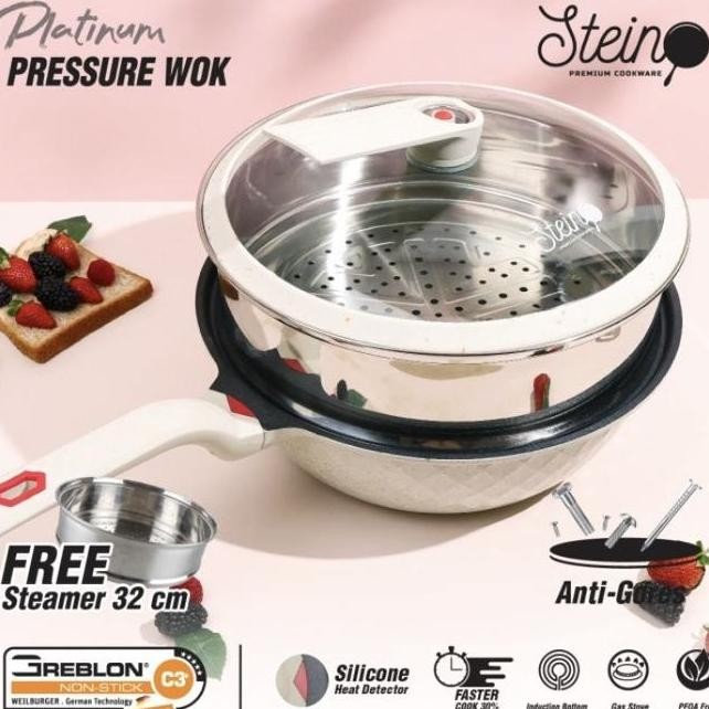 Panci Presto Stein Cooare Platinum Pressure Wok Pan 32 Cm Steamer Cream
