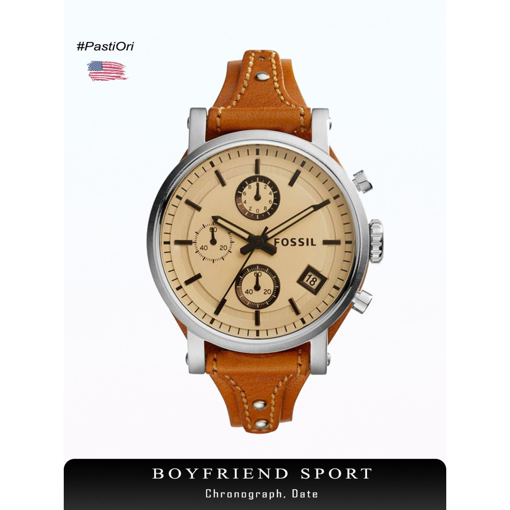 Jam Tangan Wanita Elegan Boyfriend Sport Chronograph Brown Leather Strap  36mm