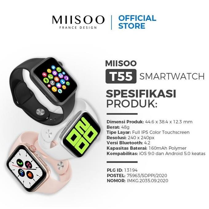 Fue-K5X20 Miisoo Smartwatch T55 Jam Tangan T500 Strap Wanita Pria Izin Postel Gf-5