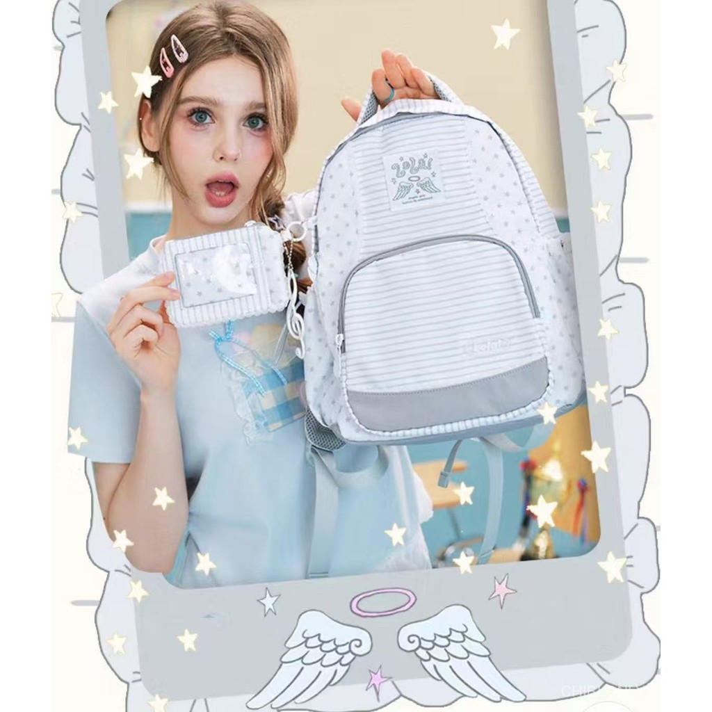 Tas Ransel Korea Minimalis Garis-Garis - Tas Sekolah Jepang Aesthetic 35x29cm Warna Abu-abu Putih