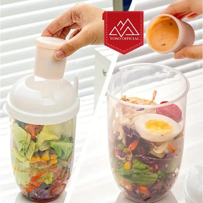 Kotak Makan Buah Sayur Salad + Garpu Salad Cup Portable Dressing Container 1 Ltr Gelas Plastik Salad