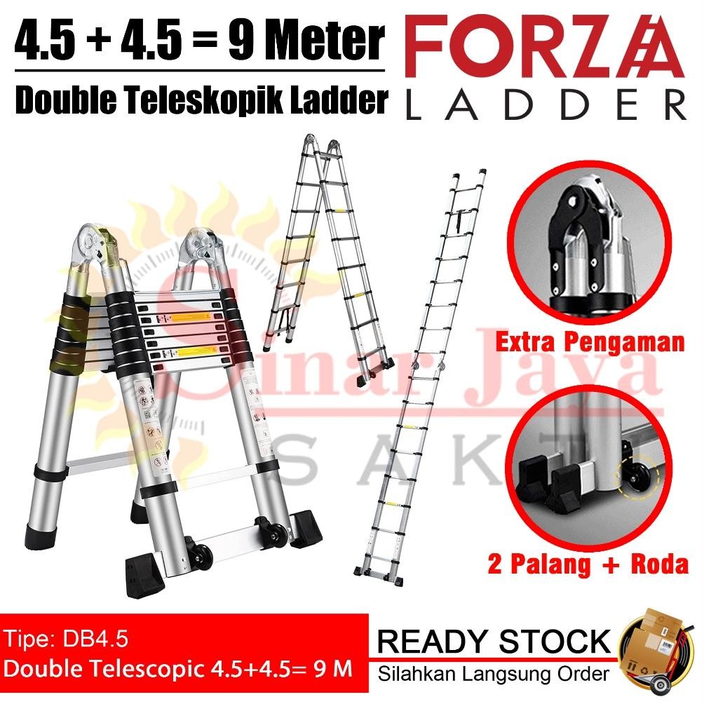 Forza Tangga Lipat Teleskopik 9 Meter Forza 4.5+4.5= 9 M Double Telescopic Tipe DB4.5 Tangga Alumuni