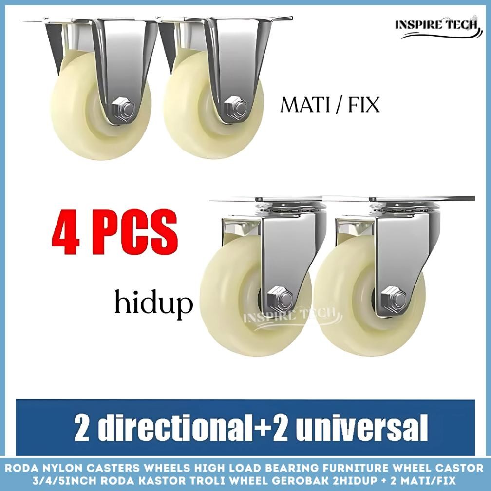 Roda NYLON Caster SET HIDUP - MATI 4PCS Medium Duty +Bearing Roda Kastor Troli Wheel Gerobak Trolley