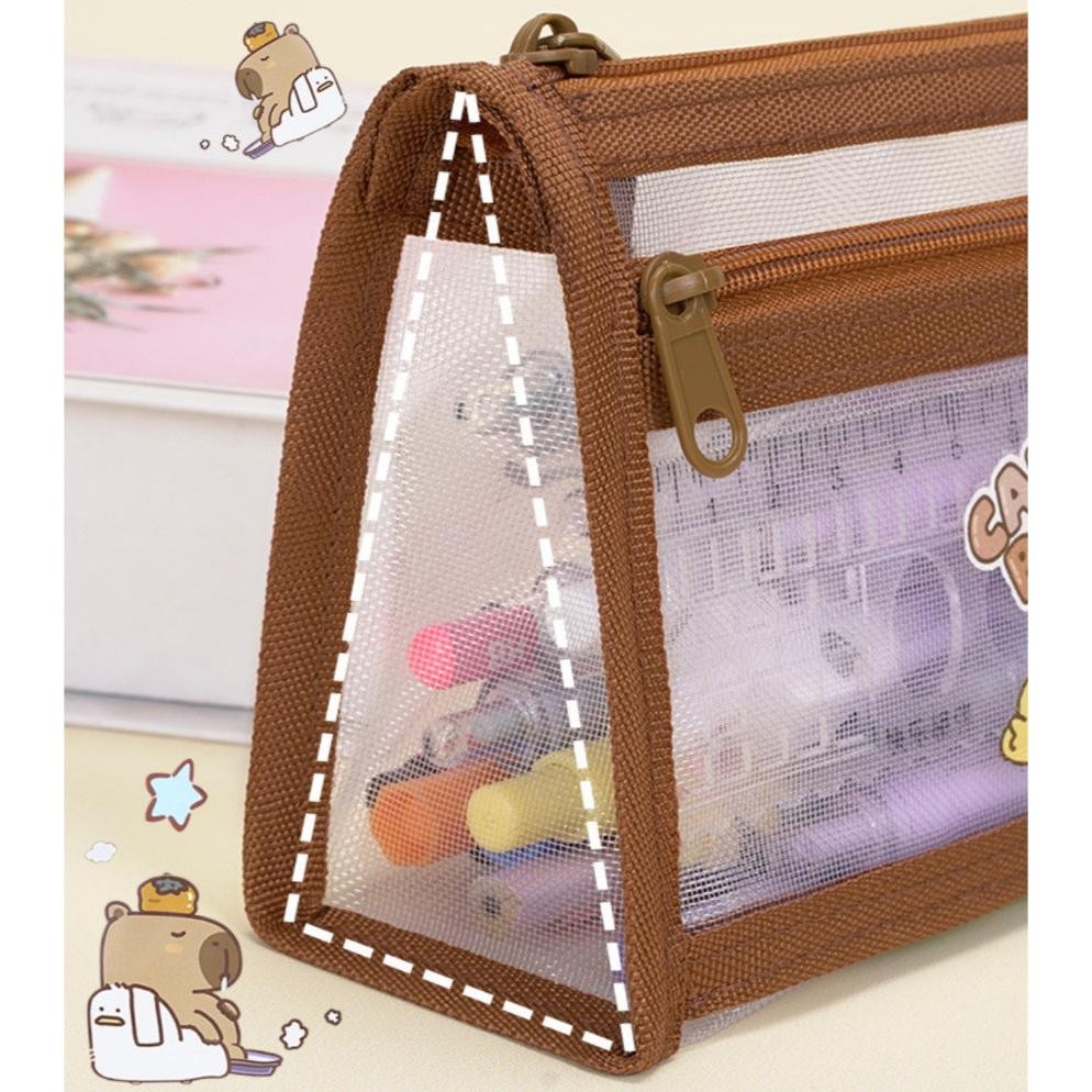 

Df-8 Civeto Tp90 Pouch Tempat Pensil Jaring Transparan Capybara Double Layer Large Capacity Zipper Pencil Case Cosmetic Bag